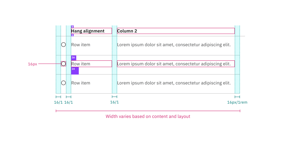 Spacing and measurements for selectable structured list